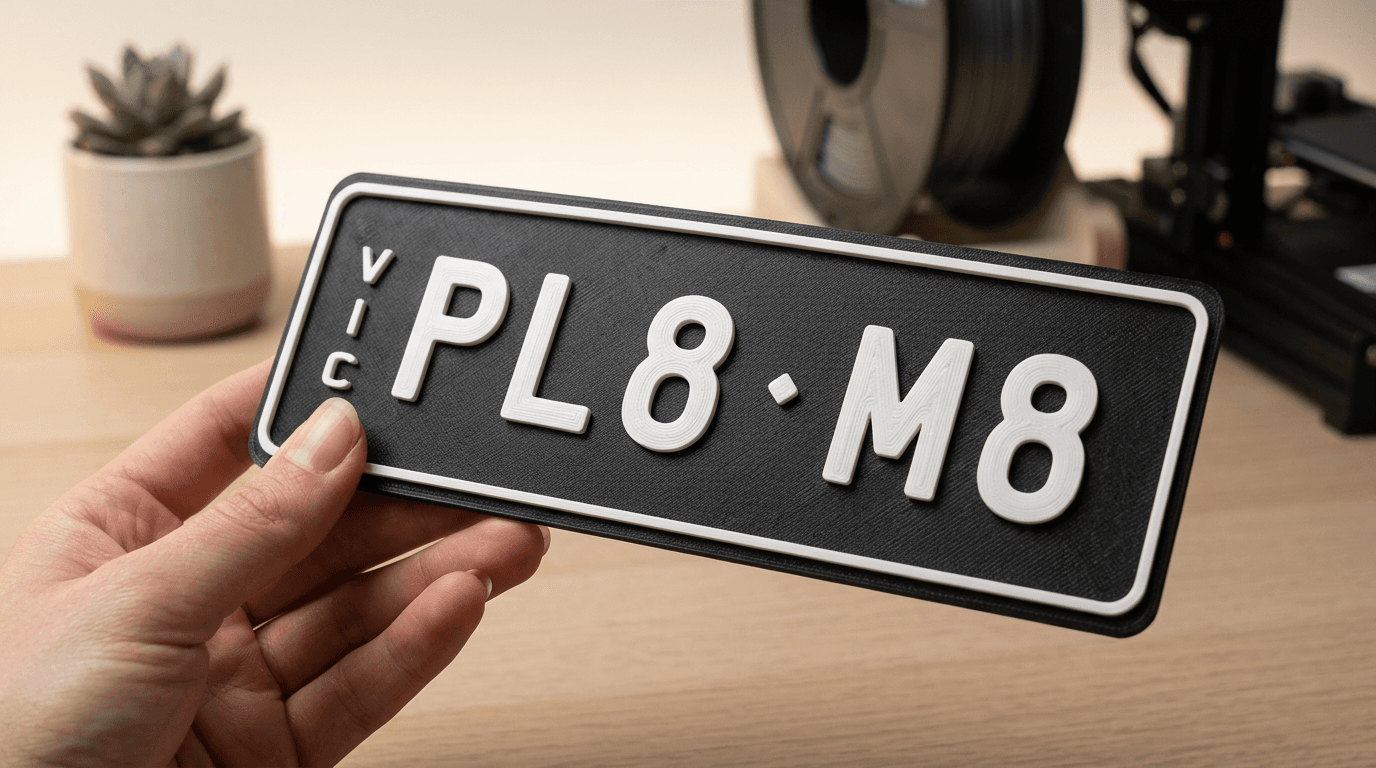 Close-up of a custom 3D printed number plate showing raised text detail