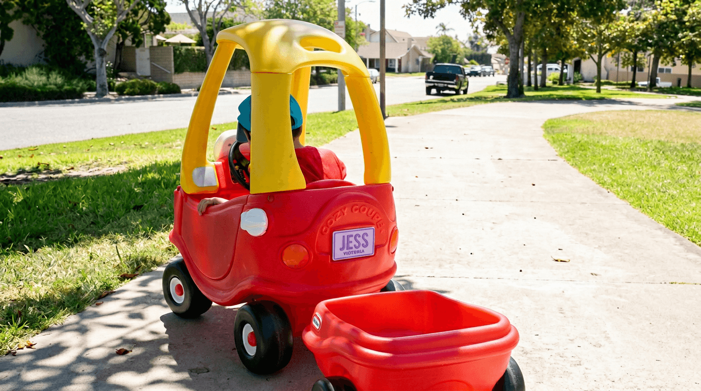 Custom 3D printed number plate in Cozy Coupe size mounted on a child's ride-on car