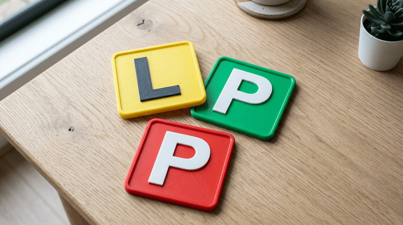 Three 3D printed plates - a yellow L plate, green P plate, and red P plate - arranged on a light wooden surface