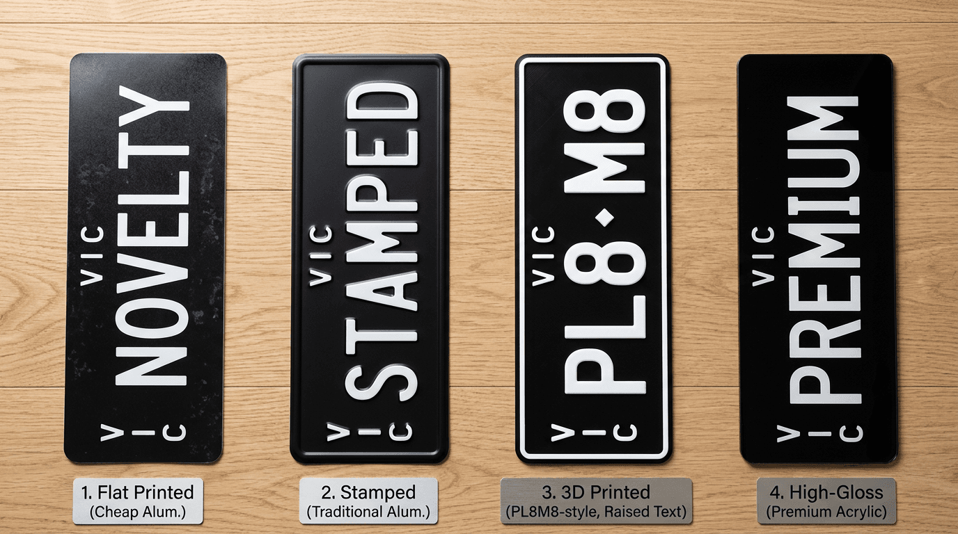 Four different types of custom number plates laid side by side showing the difference in quality and construction
