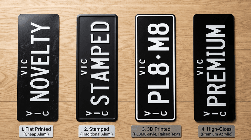 Four different types of custom number plates laid side by side showing the difference in quality and construction