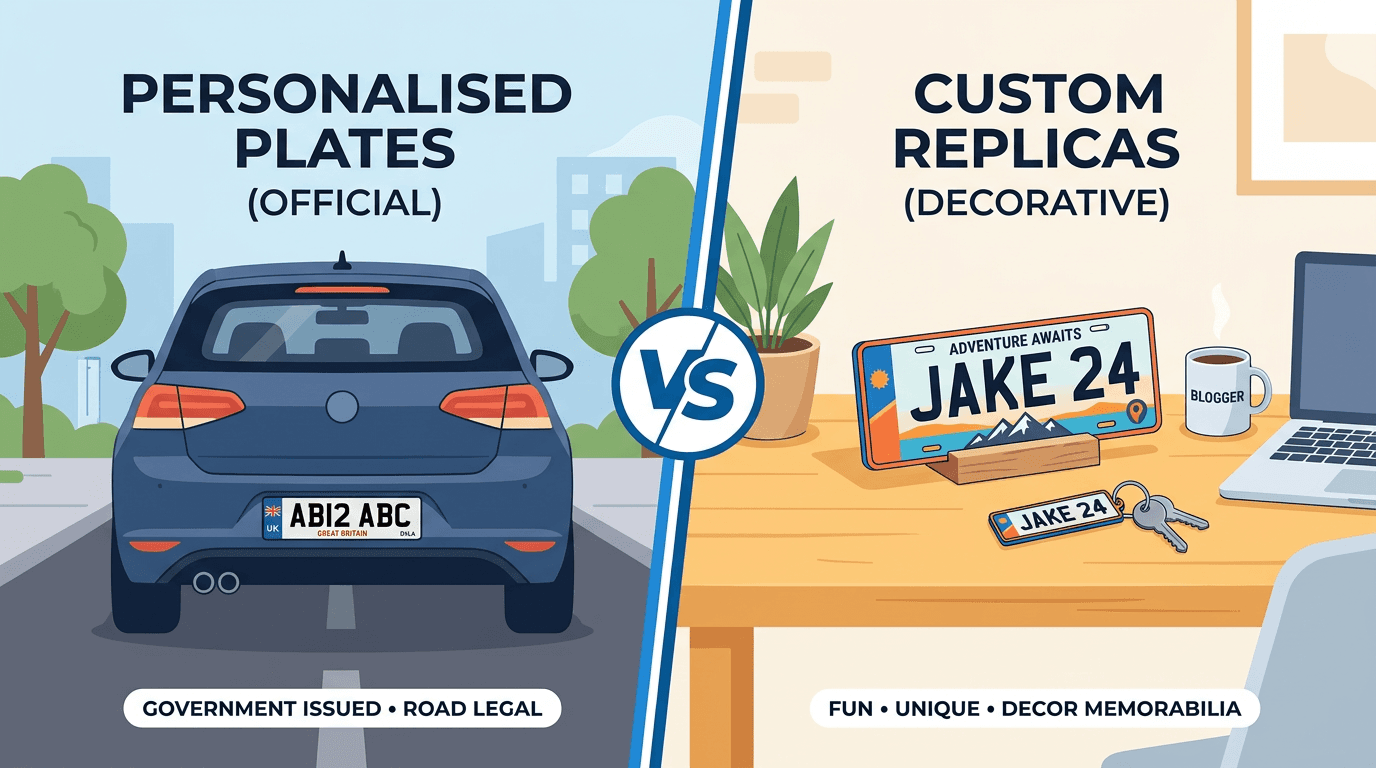Side-by-side comparison of a government-issued personalised plate and a custom PL8M8 replica plate