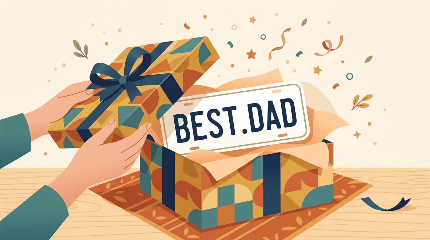 Collection of custom number plate gifts including desk plates, keyrings, and a shed sign