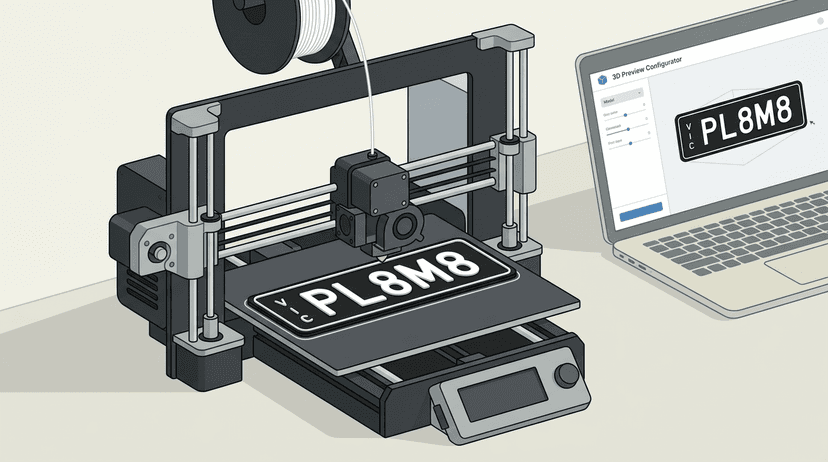 3D printer mid-print producing a custom number plate with raised text visible