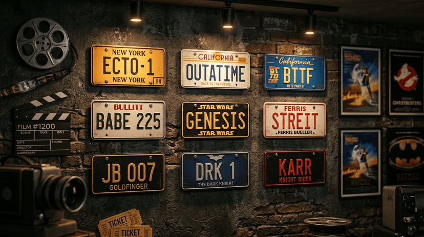 Collection of custom 3D printed replica number plates from famous films displayed on a wall