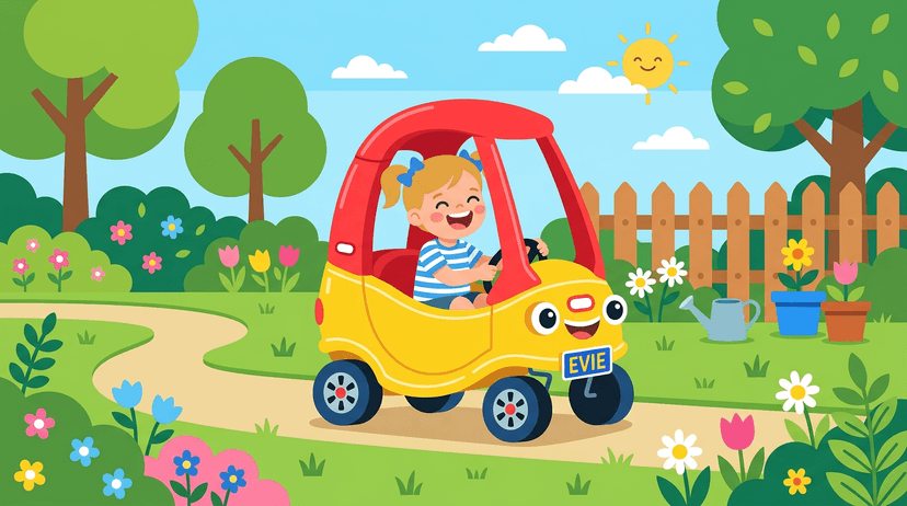 Child's ride-on car with a custom mini number plate attached to the front