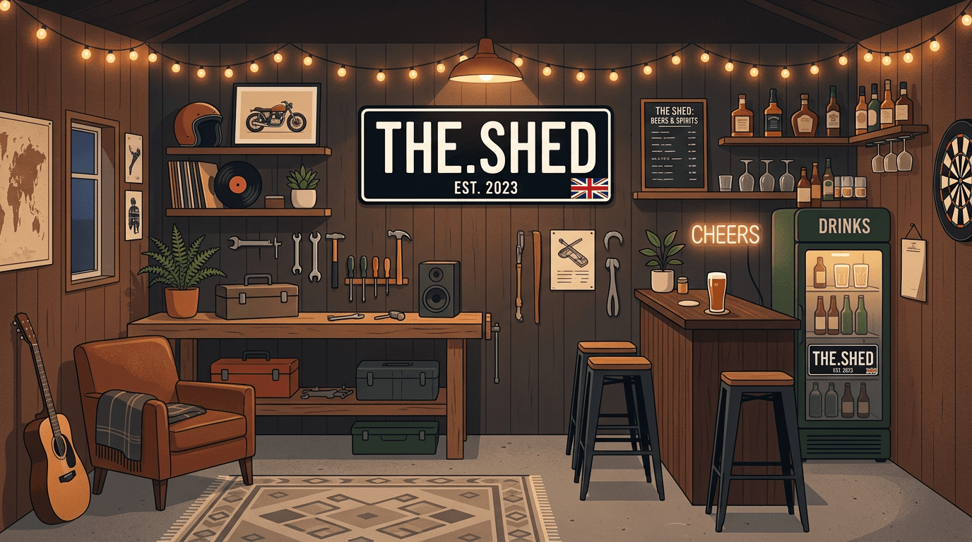 Garage interior with custom number plates displayed on the wall alongside tools and memorabilia