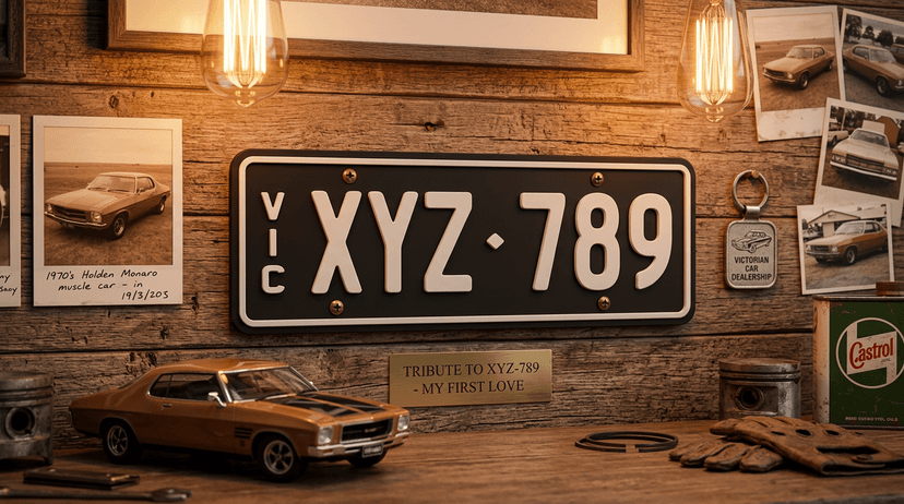 Custom replica number plate mounted on a garage wall alongside framed car photos and automotive memorabilia