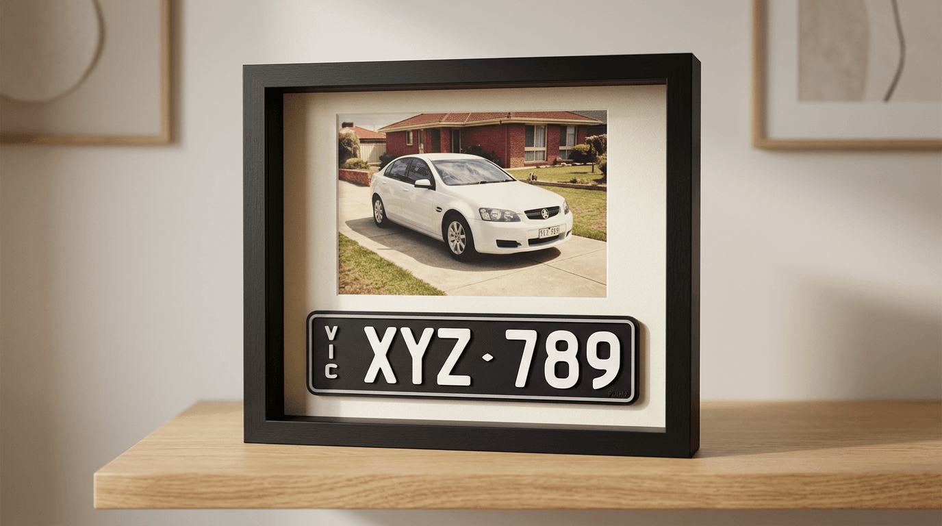 Custom replica number plate mounted on a garage wall alongside framed car photos and automotive memorabilia