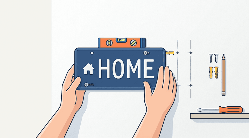 Custom number plate mounted on a timber wall in a garage using screw fixings