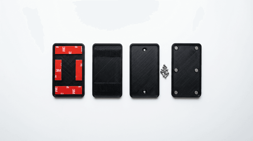 A 3D-printed custom number plate with all four fixing options laid out: adhesive pads, velcro strips, stainless steel screws, and neodymium magnets