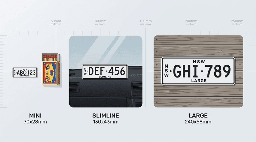Four custom number plates in different sizes arranged from Mini to Large for comparison