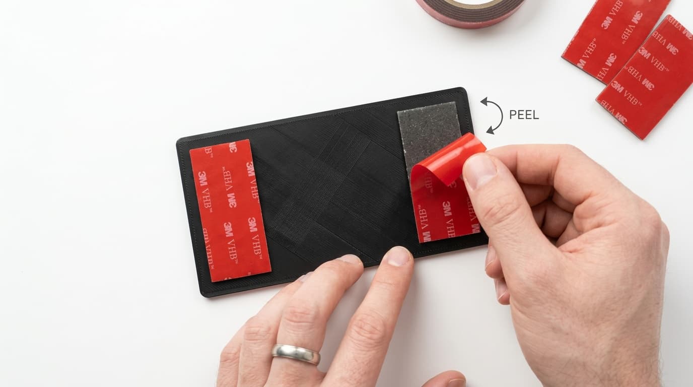 Adhesive pads being applied to the back of a 3D-printed number plate