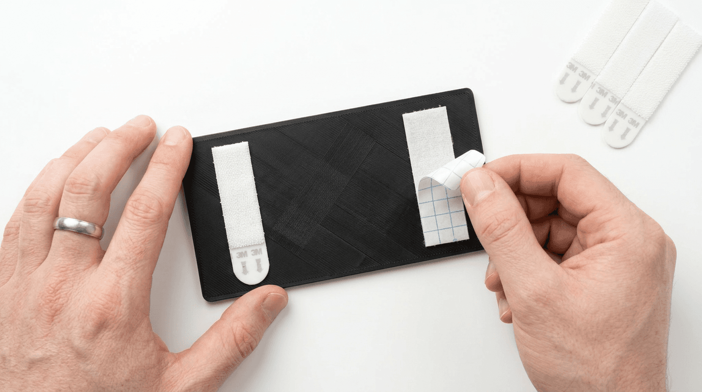 Velcro hanging strips being used to mount a 3D-printed number plate on a wall