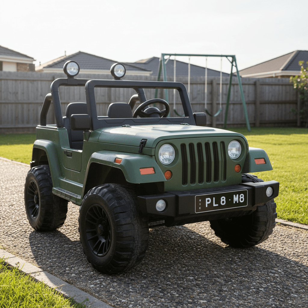 PL8M8 custom number plate on a kids ride-on Jeep in a backyard