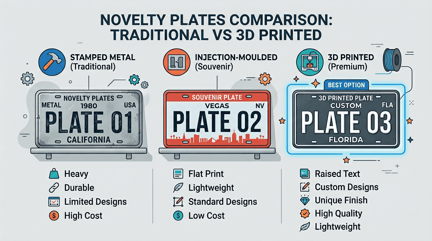 Side-by-side comparison of a 3D printed plate with raised text next to a flat mass-produced novelty plate