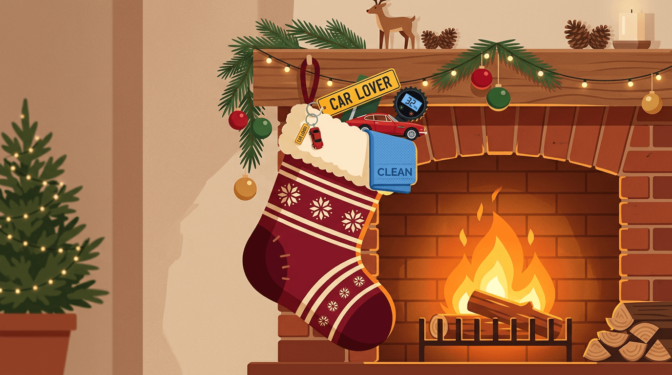 Christmas stocking with a custom mini number plate and car accessories spilling out