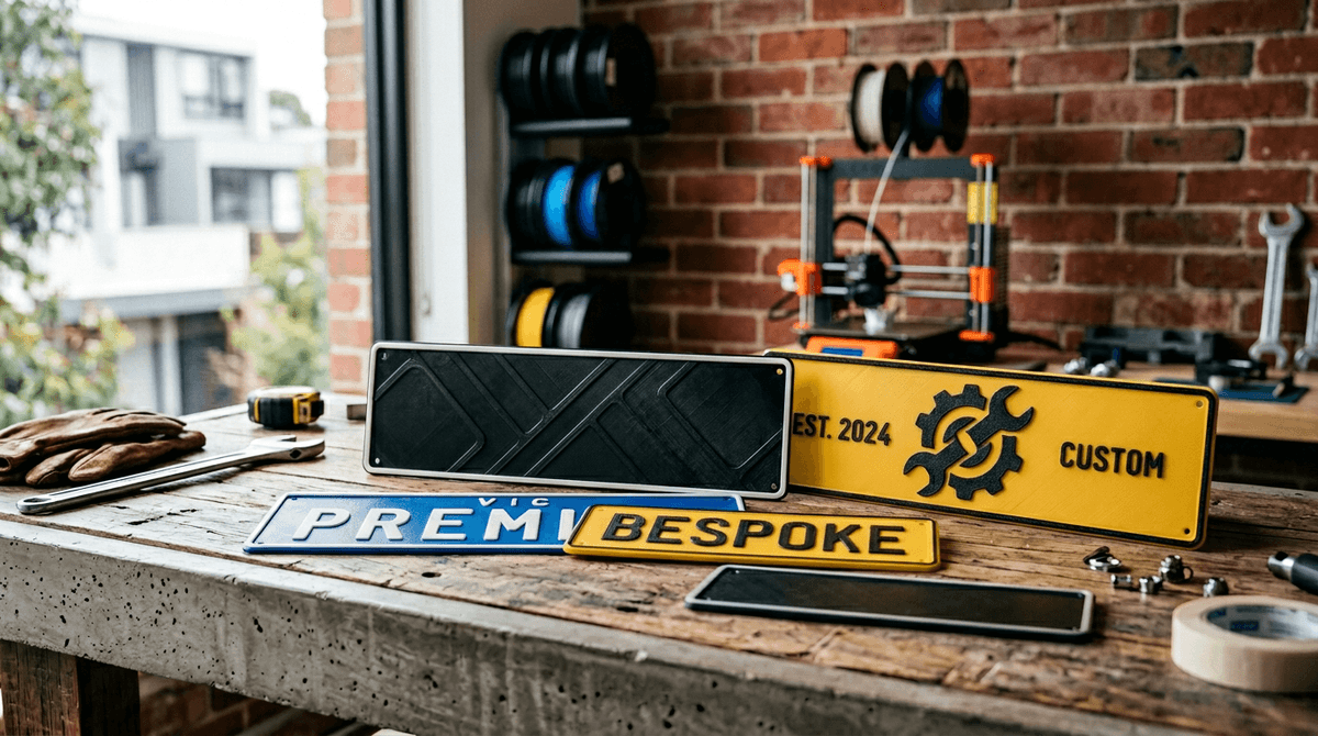A variety of custom 3D printed number plates in different sizes and colours on a workshop table