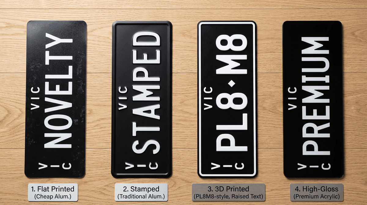 Four different types of custom number plates laid side by side showing the difference in quality and construction