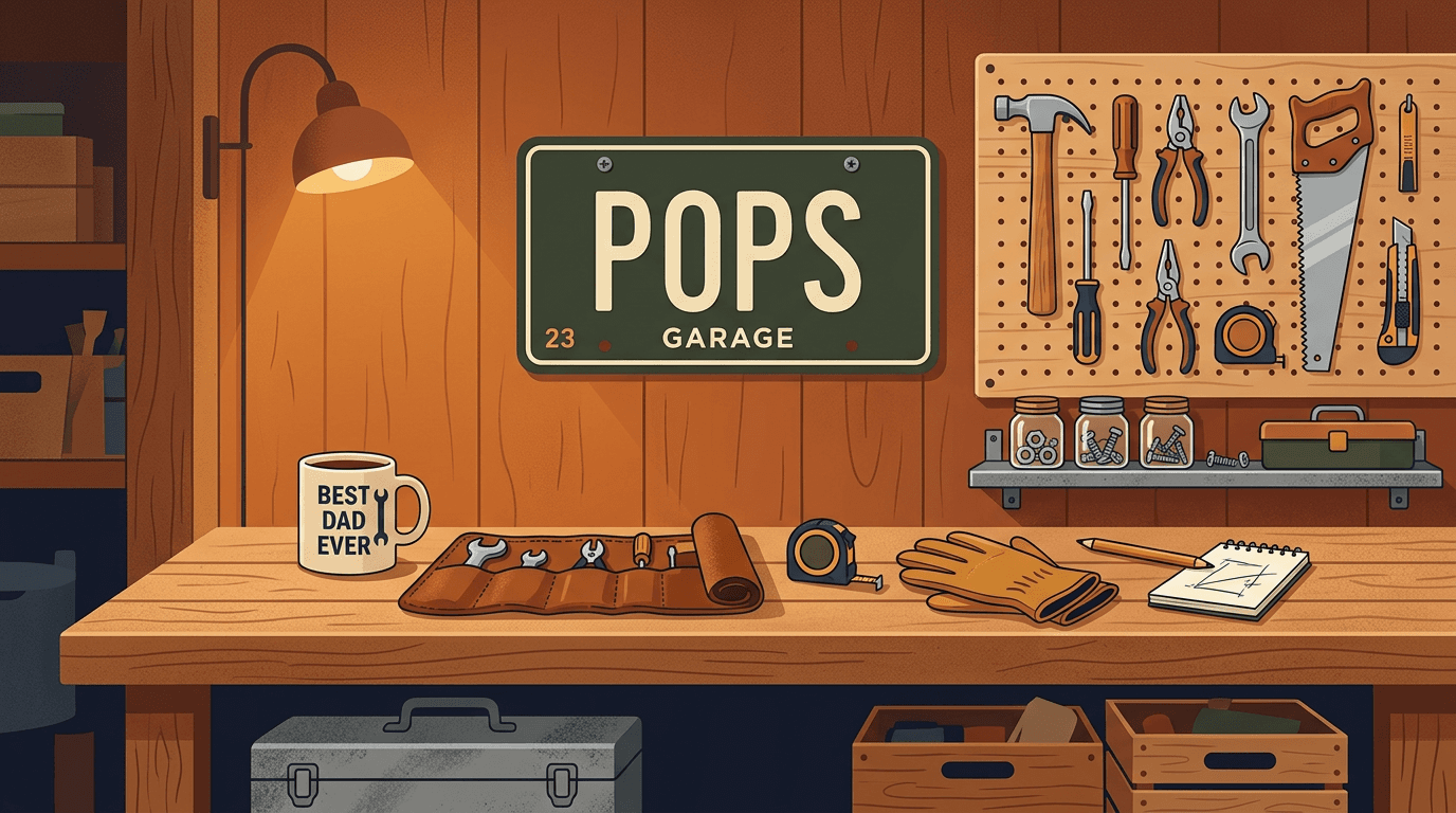 Custom number plate reading 'THE BOSS' displayed on a garage wall as a Father's Day gift