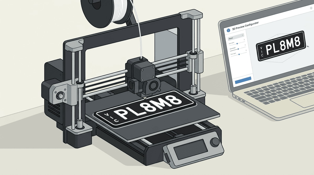 3D printer mid-print producing a custom number plate with raised text visible