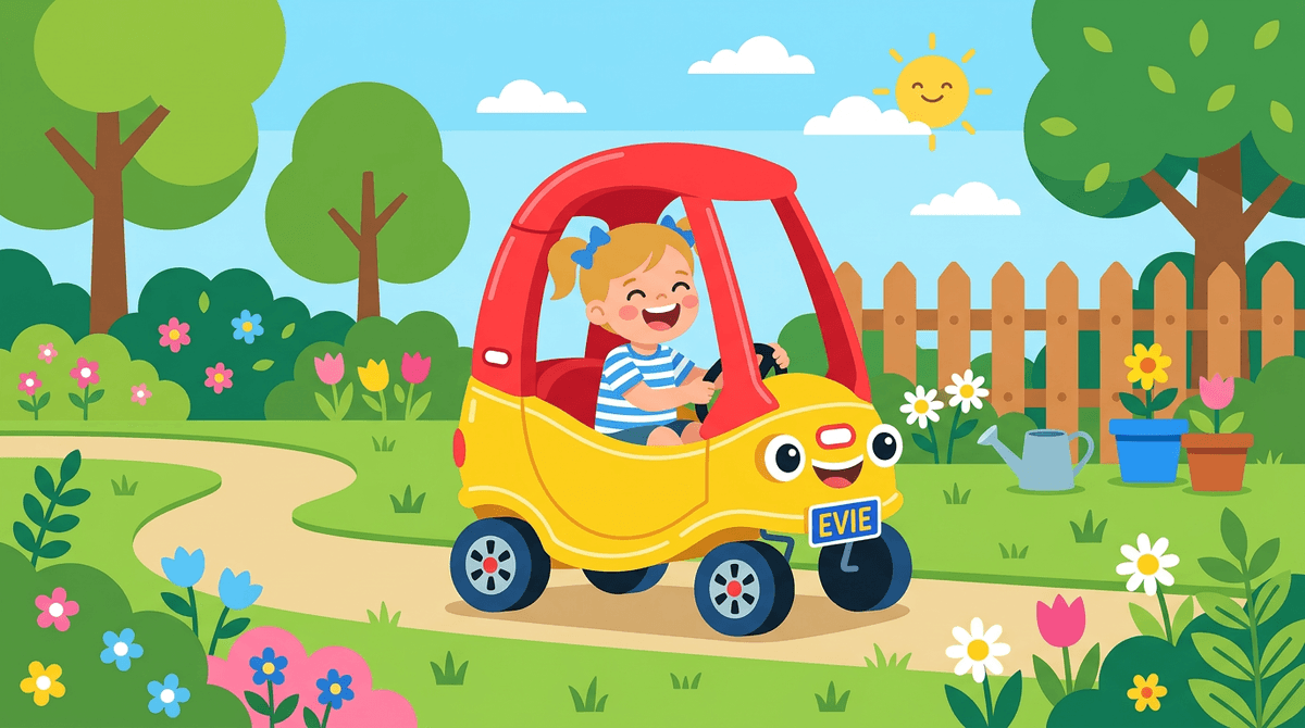 Child's ride-on car with a custom mini number plate attached to the front