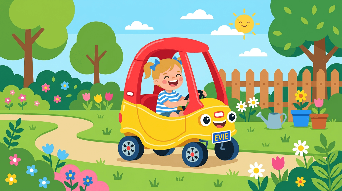 Child's ride-on car with a custom mini number plate attached to the front