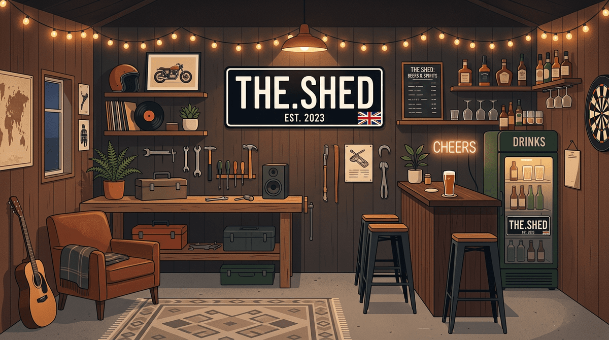 Garage interior with custom number plates displayed on the wall alongside tools and memorabilia