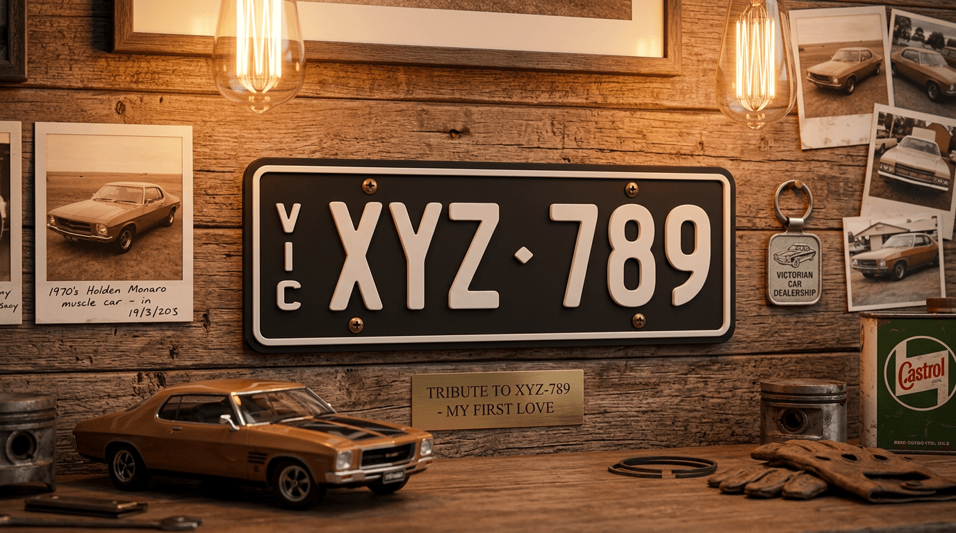 Custom replica number plate mounted on a garage wall alongside framed car photos and automotive memorabilia