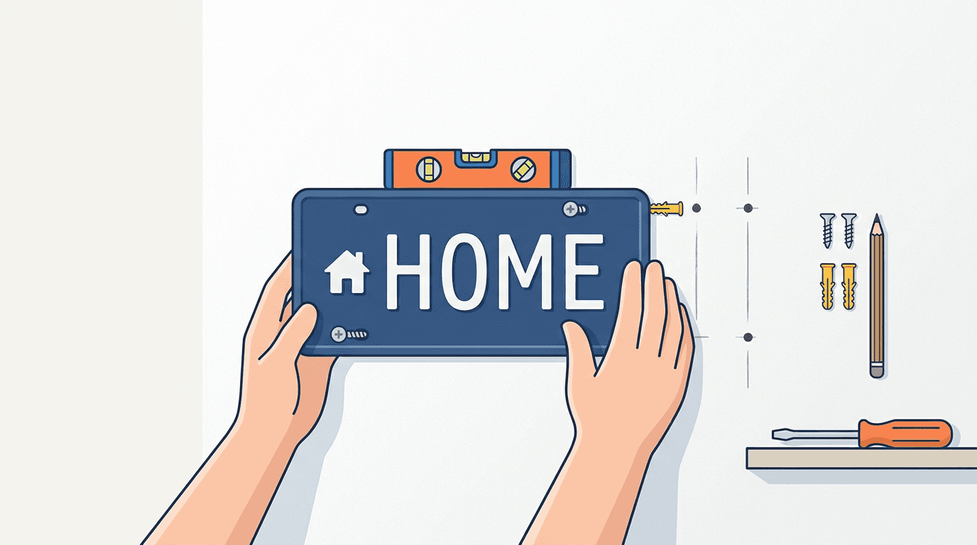 Custom number plate mounted on a timber wall in a garage using screw fixings