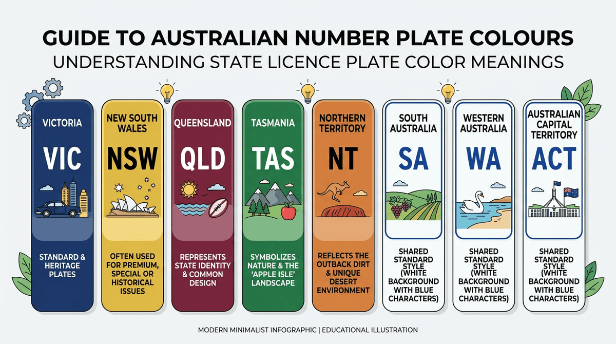 Collage of different Australian state number plates showing various colour schemes