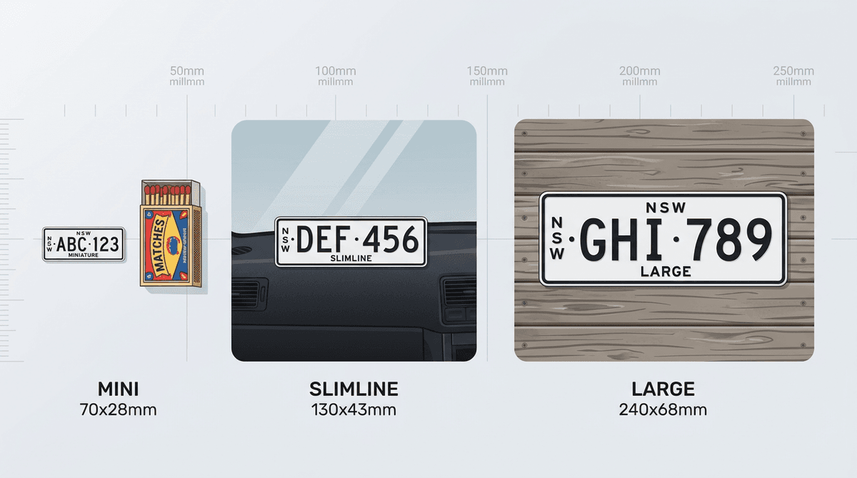 Four custom number plates in different sizes arranged from Mini to Large for comparison