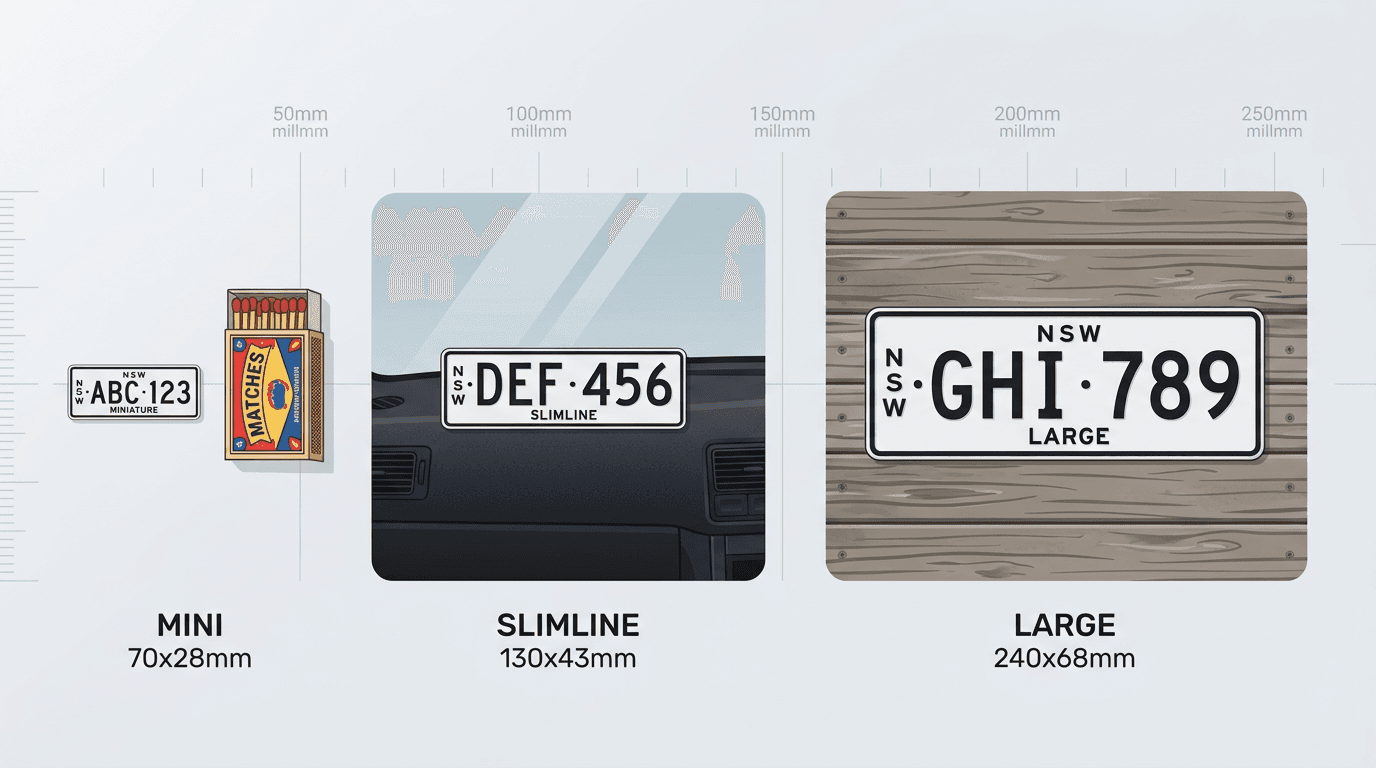 Four custom number plates in different sizes arranged from Mini to Large for comparison