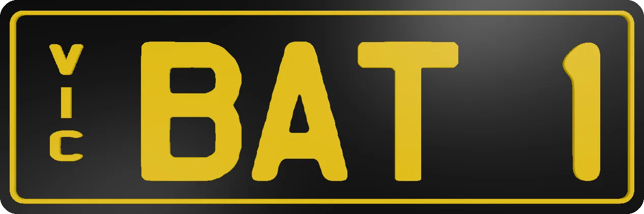 Custom plate reading 'BAT 1' in yellow on black