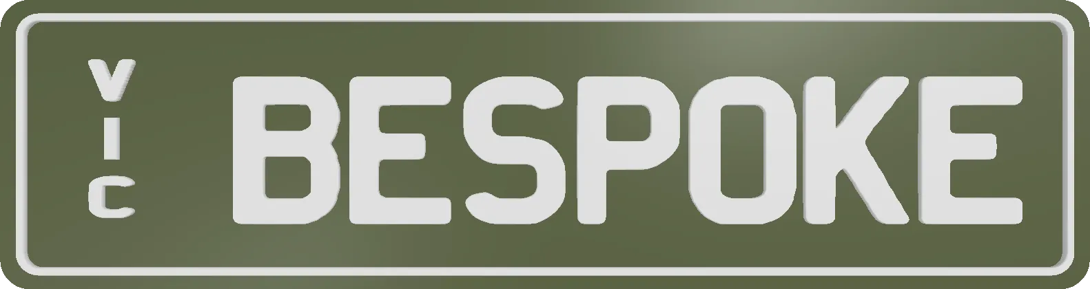 Custom plate reading 'BESPOKE' in white text on a dark green base
