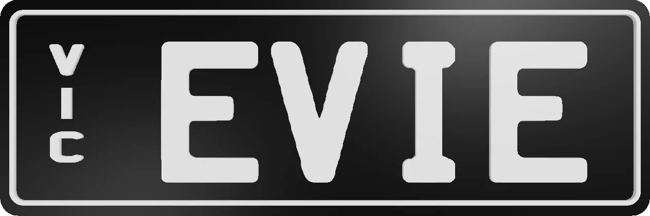 Custom plate reading 'EVIE' in white on black