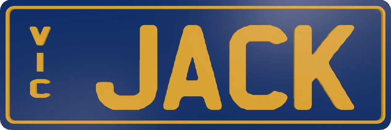 Custom plate reading 'JACK' in yellow on blue