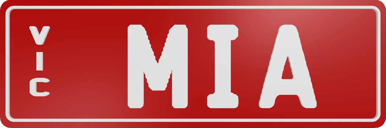 Custom plate reading 'MIA' in white on red