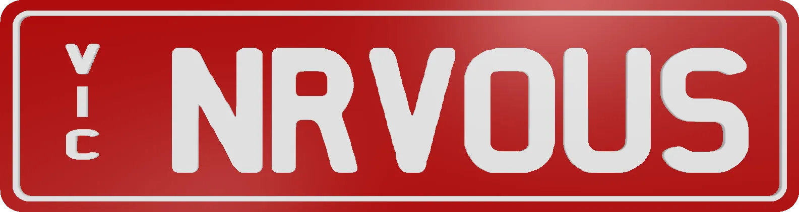 Custom plate reading 'NRVOUS' in white on red