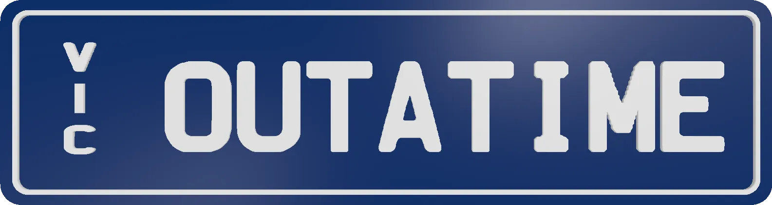 Custom plate reading 'OUTATIME' in white on dark blue