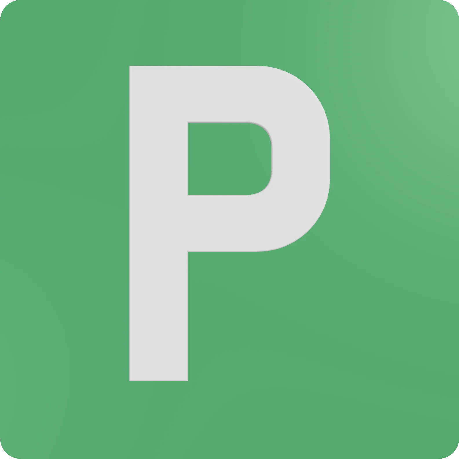 Green P plate with white raised text