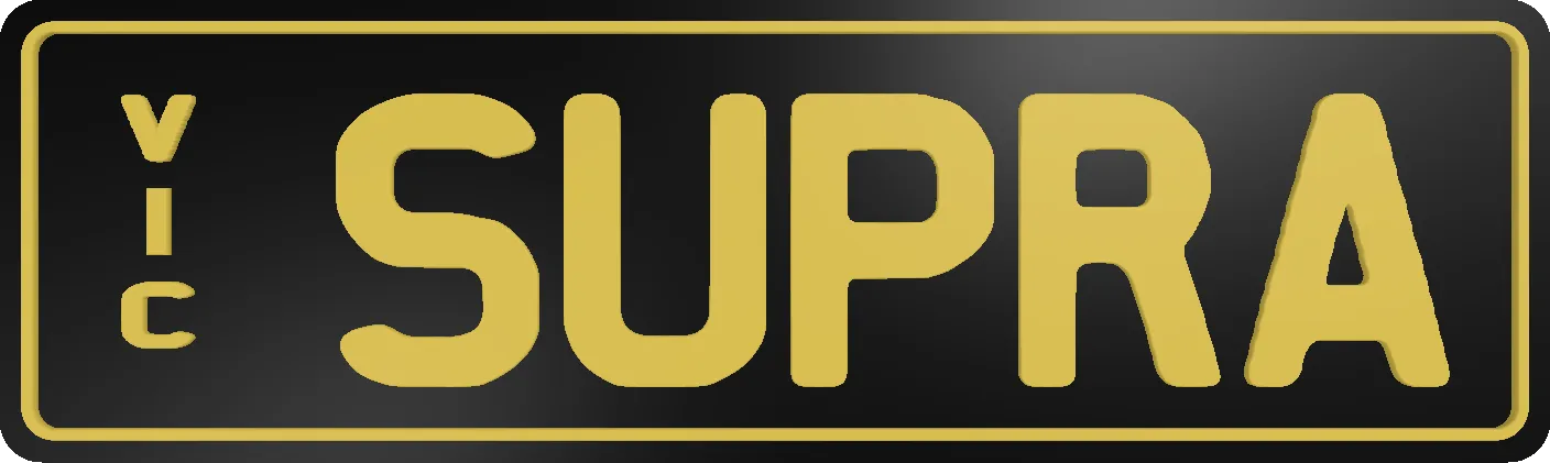 Custom plate reading 'SUPRA' in yellow text on black